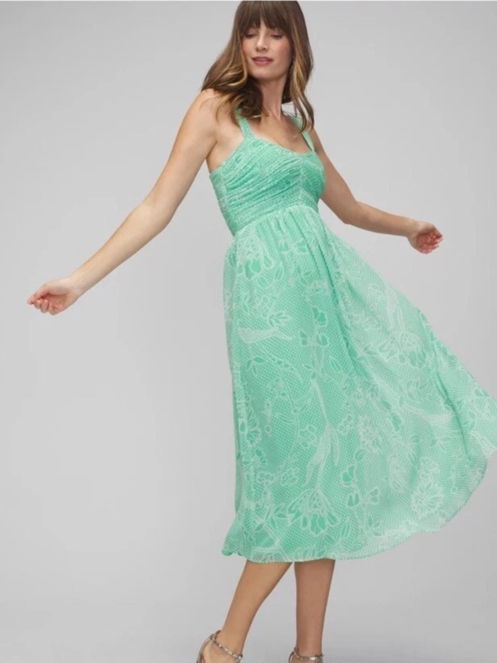 White House Black Market Dress Smocked  Midi Dress Mint Green Chiffon Size 8